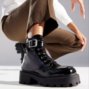 Urban Outfitters Cooperative Tania Buckled Combat Boots in Black Leather NWT